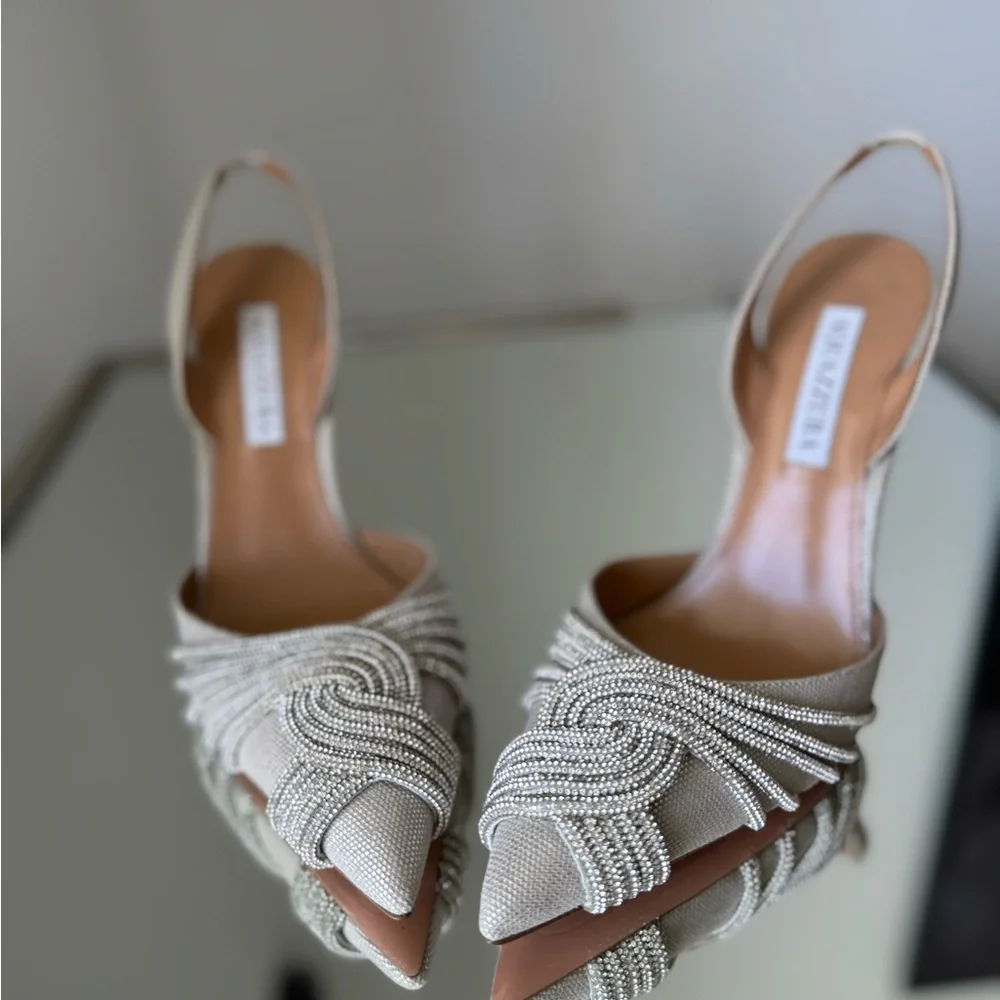 New AQUAZZURA Gatsby 105 crystal-embellished metallic canvas slingback pumps - Picture 12 of 13